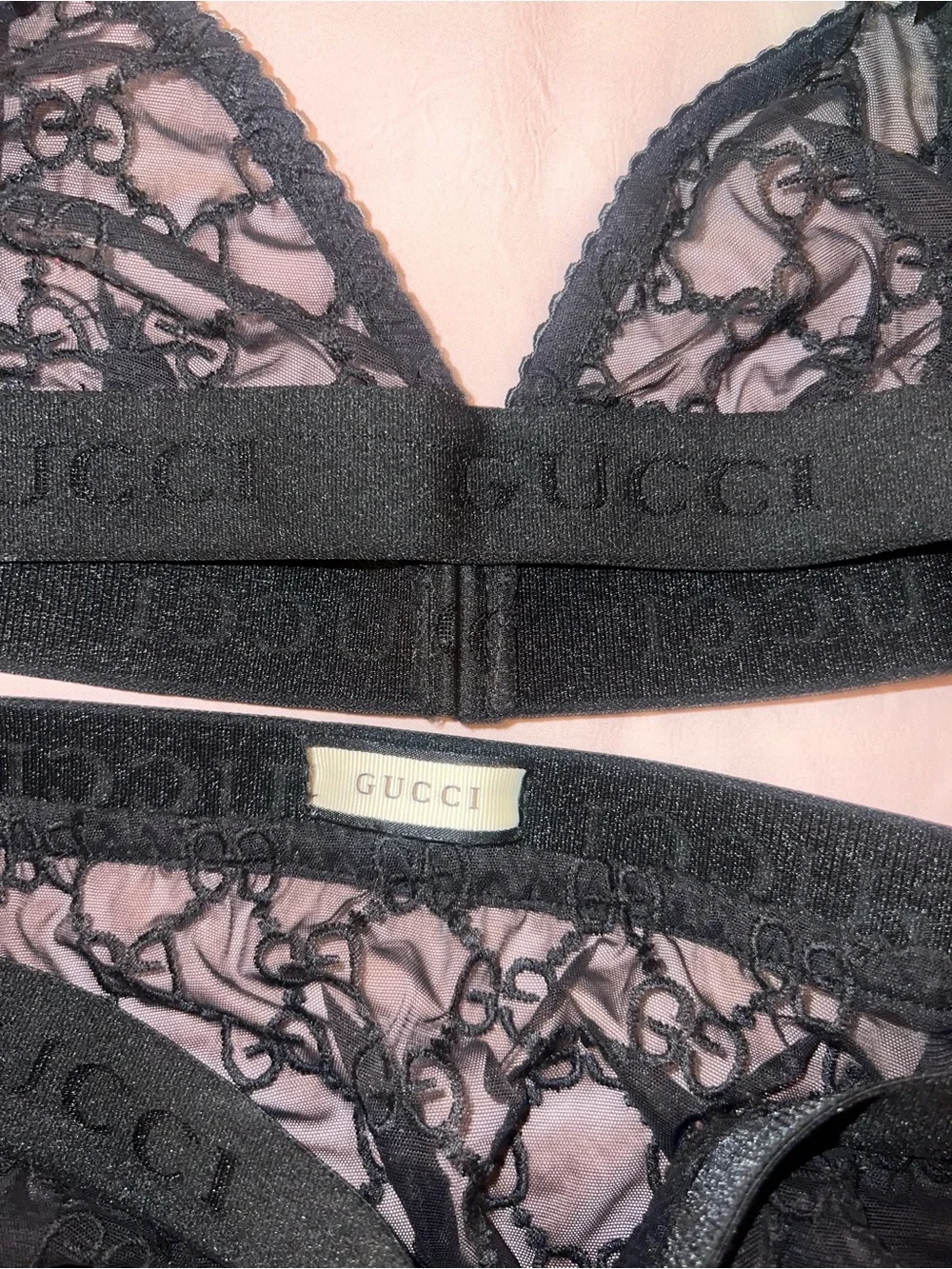 Gucci Black GG Lace Bralette and Brief Lingerie Set Authentic